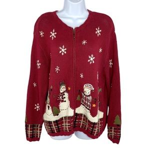 Croft & Barrow Red Snowman Winter Cardigan Zip Up Sweater Size M